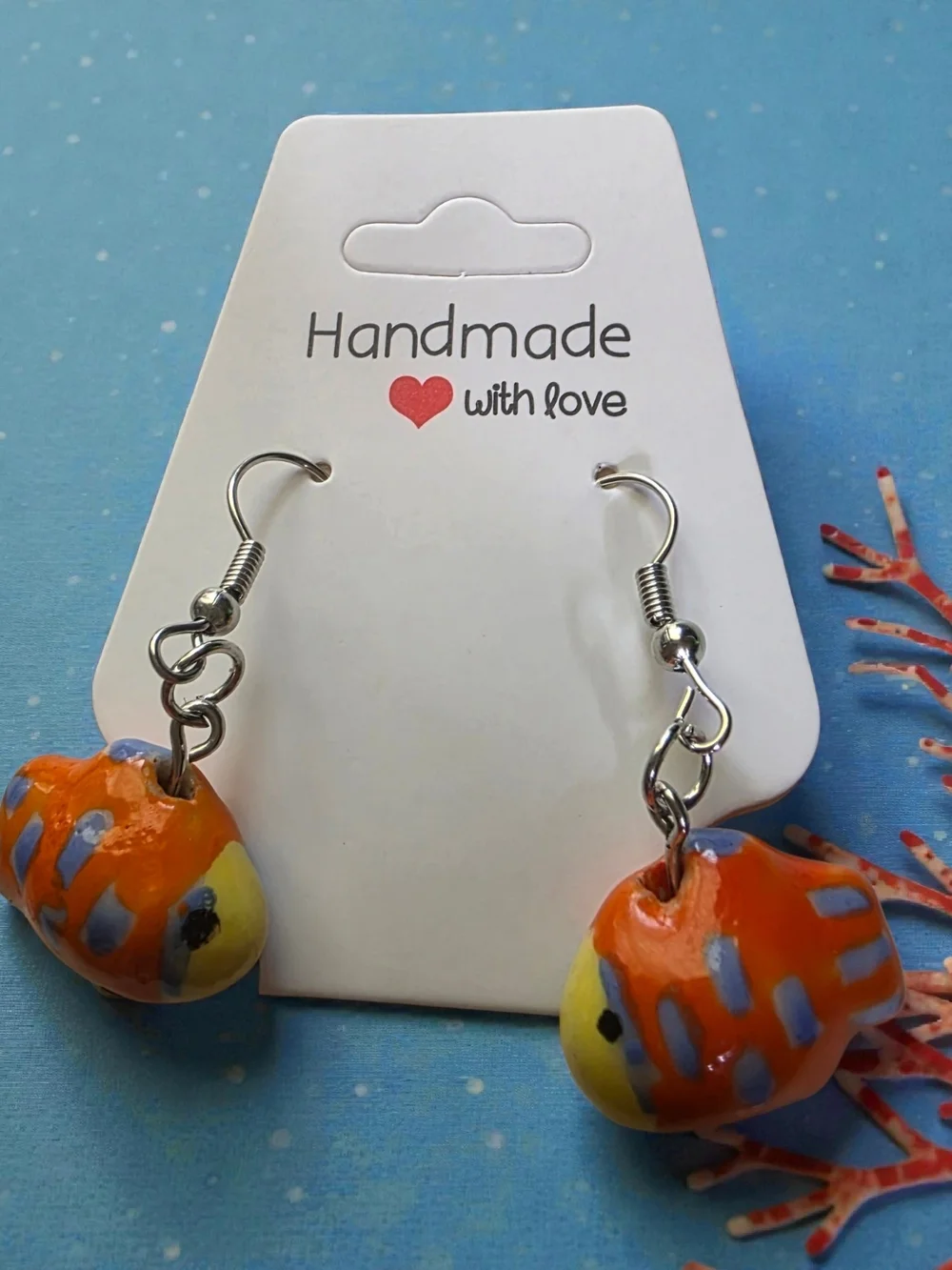 Handmade Ceramic Clownfish Dangle Earrings Orange Tropical Fish Jewelry NWT